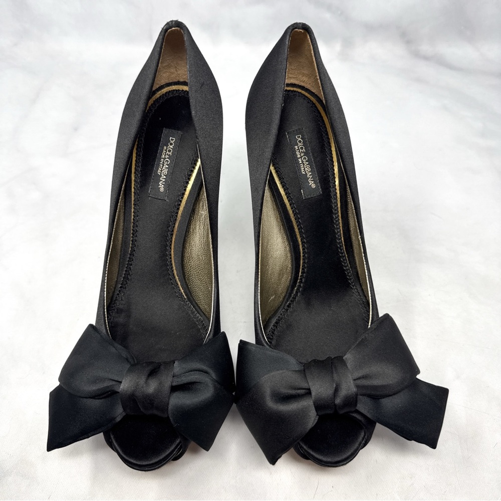 Dolce & Gabbana Vintage Y2K Bow Silk Satin Platform Stiletto Heel Pumps Black 36